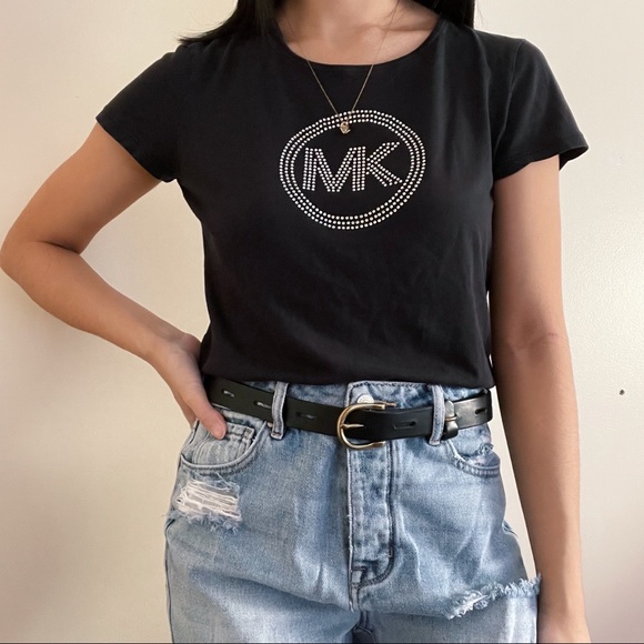 Michael Kors Women's Rhinestone Logo Waffle Knit T-Shirt Red Size 4X